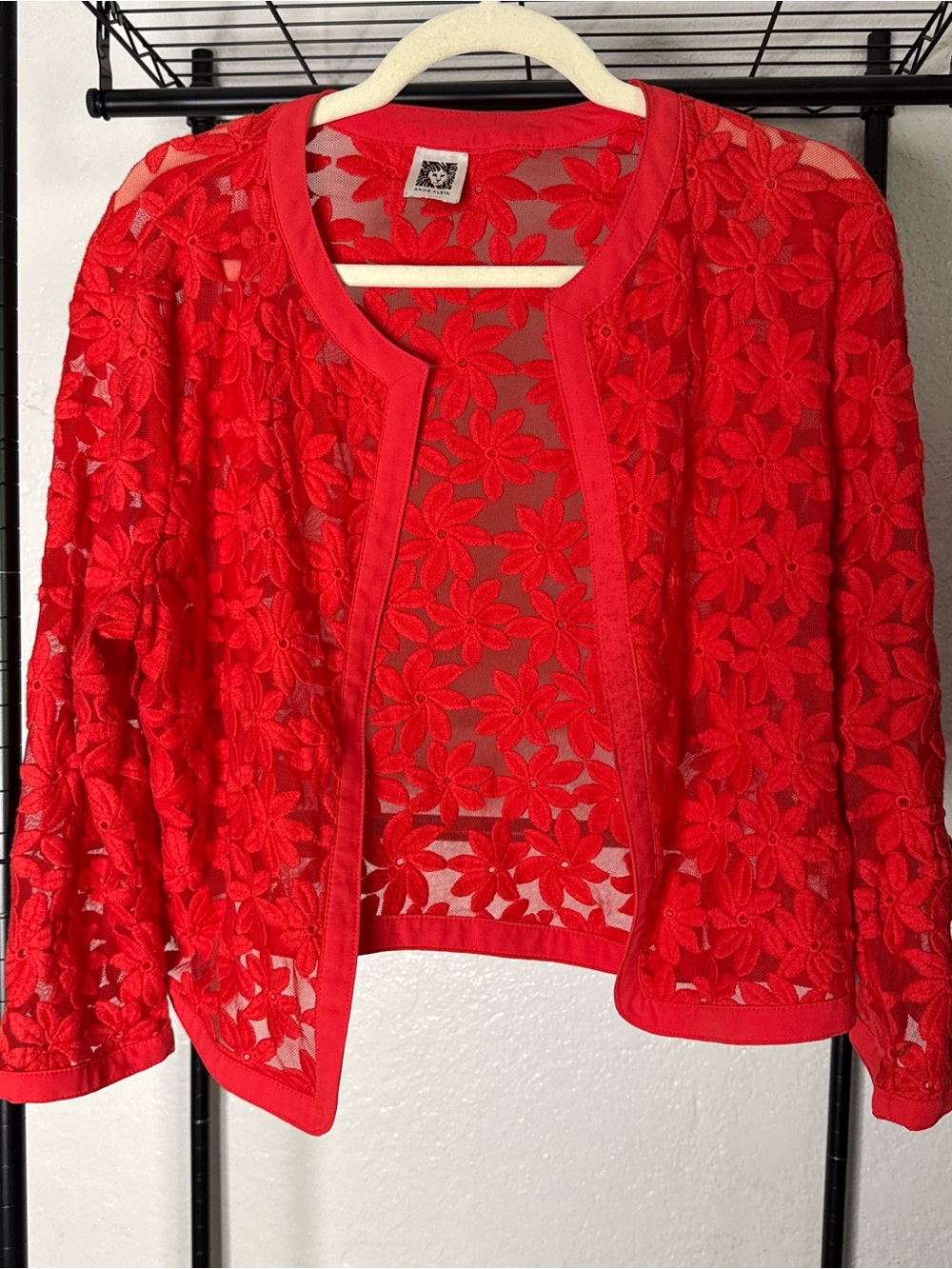 Anne Klein Red Floral Lace Open-Front Cardigan